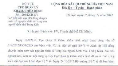 Kết luận của Hội Đồng chuyên môn Bộ Y Tế về ca tử vong của Bệnh nhân Mai Trung Kiên
