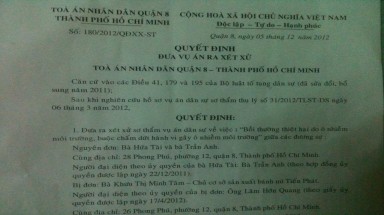   Vụ “Lò bánh mì gây ô nhiễm ở quận 8” được Tòa xét xử ngày 3/1/2013