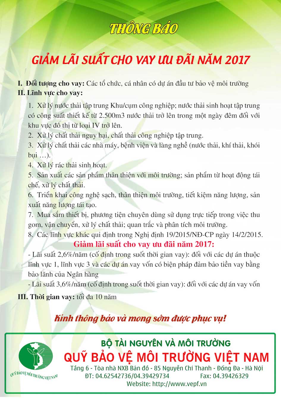 Quỹ[-]Bảo[-]vệ[-]môi[-]trường[-]Việt[-]Nam[-]hạ[-]mức[-]lãi[-]suất[-]cho[-]vay[-]ưu[-]đãi[-]các[-]dự[-]án[-]bảo[-]vệ[-]môi[-]trường