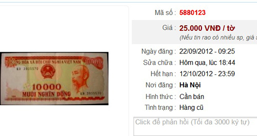 Tiền[-]giấy[-]10.000[-]đồng[-]được[-]bán[-]gấp[-]2,5[-]lần[-]mệnh[-]giá